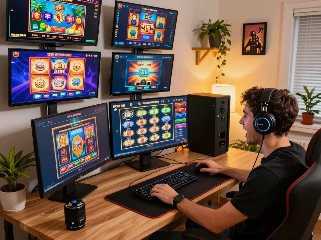 Engaged player enjoys link slot games in a cozy home office setup.