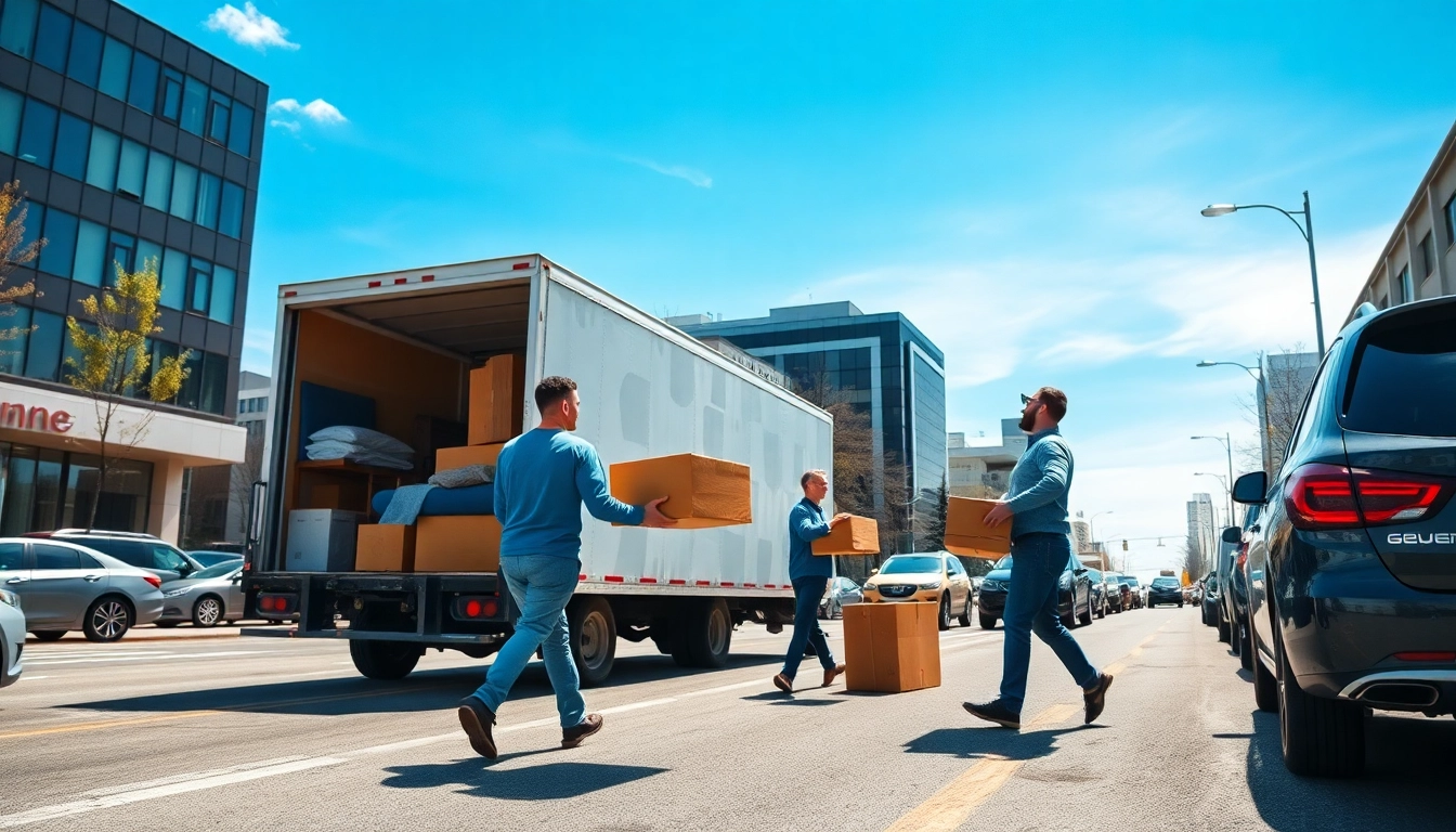 Movers Edmonton handling boxes in a busy urban setting during clear weather.