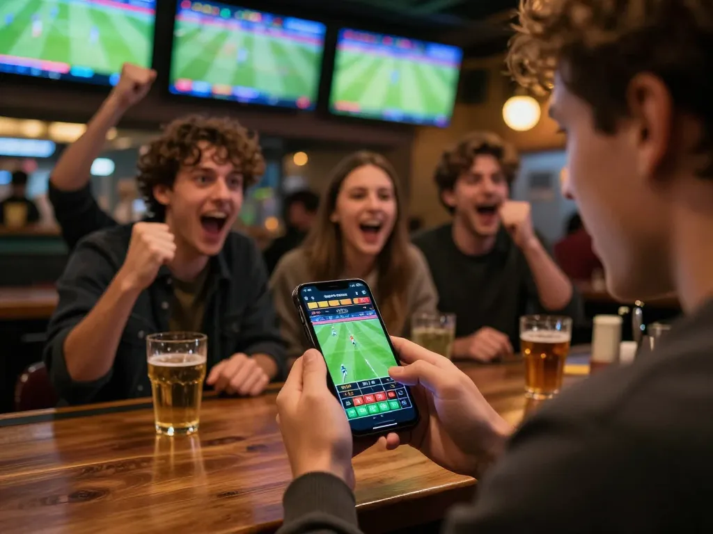 Soi Kèo: Engaged sports bettors using smartphone to place live bets in vibrant bar atmosphere