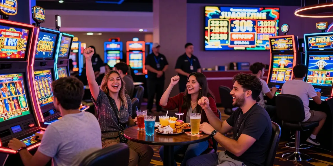 Players enjoying vibrant slot machines in a lively casino atmosphere.