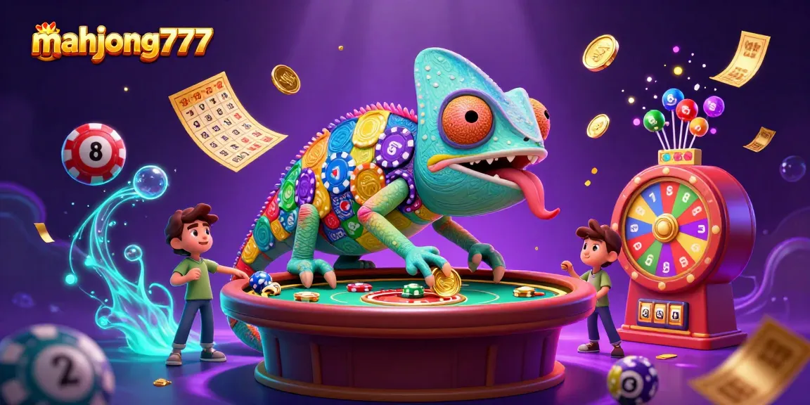 Capture stunning moments at mahjong777 with vibrant lottery balls, a winning chameleon character, and dazzling casino elements.