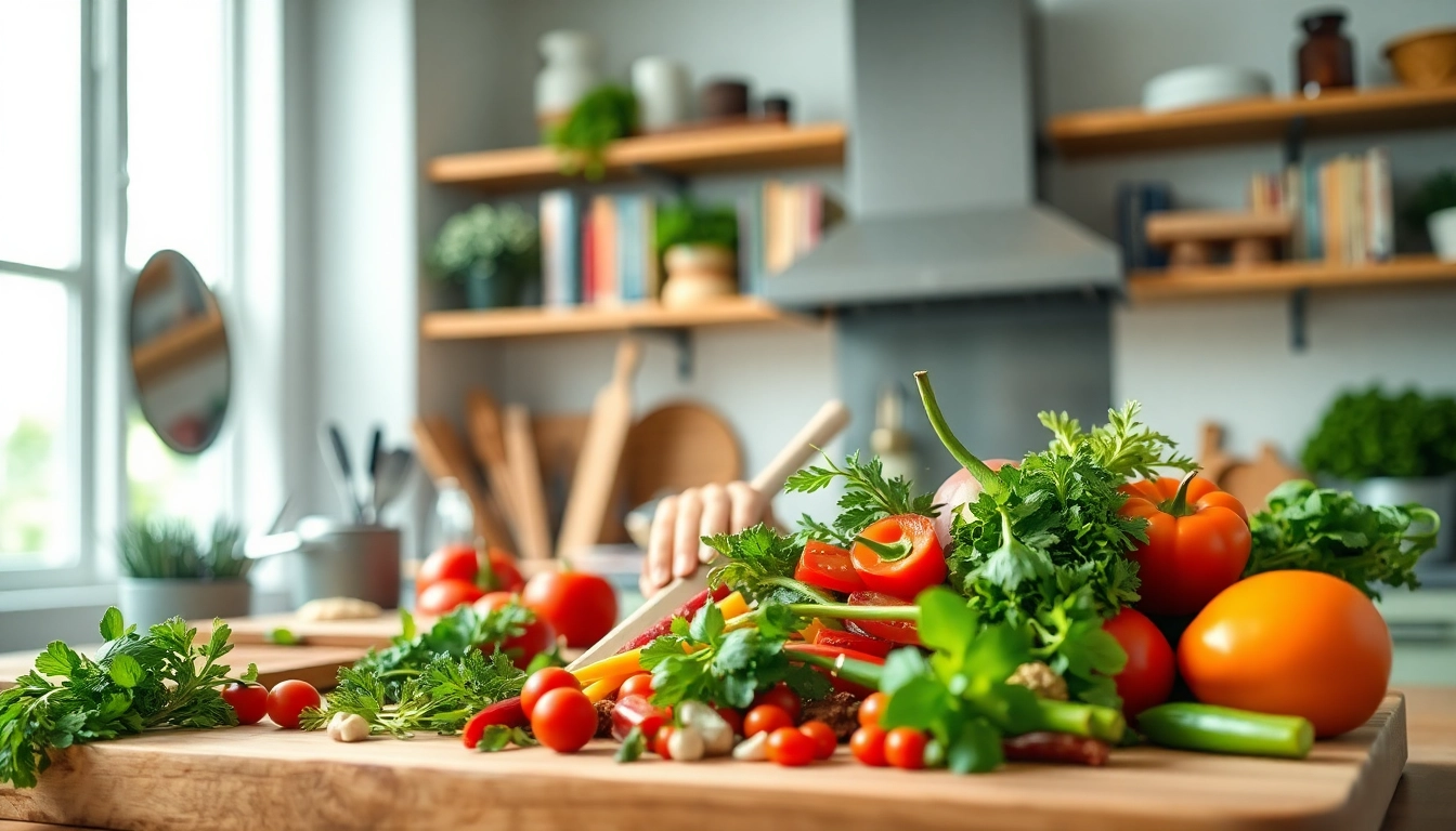 Dishfacts chef preparing a colorful dish, showcasing fresh ingredients in a well-lit kitchen setting.