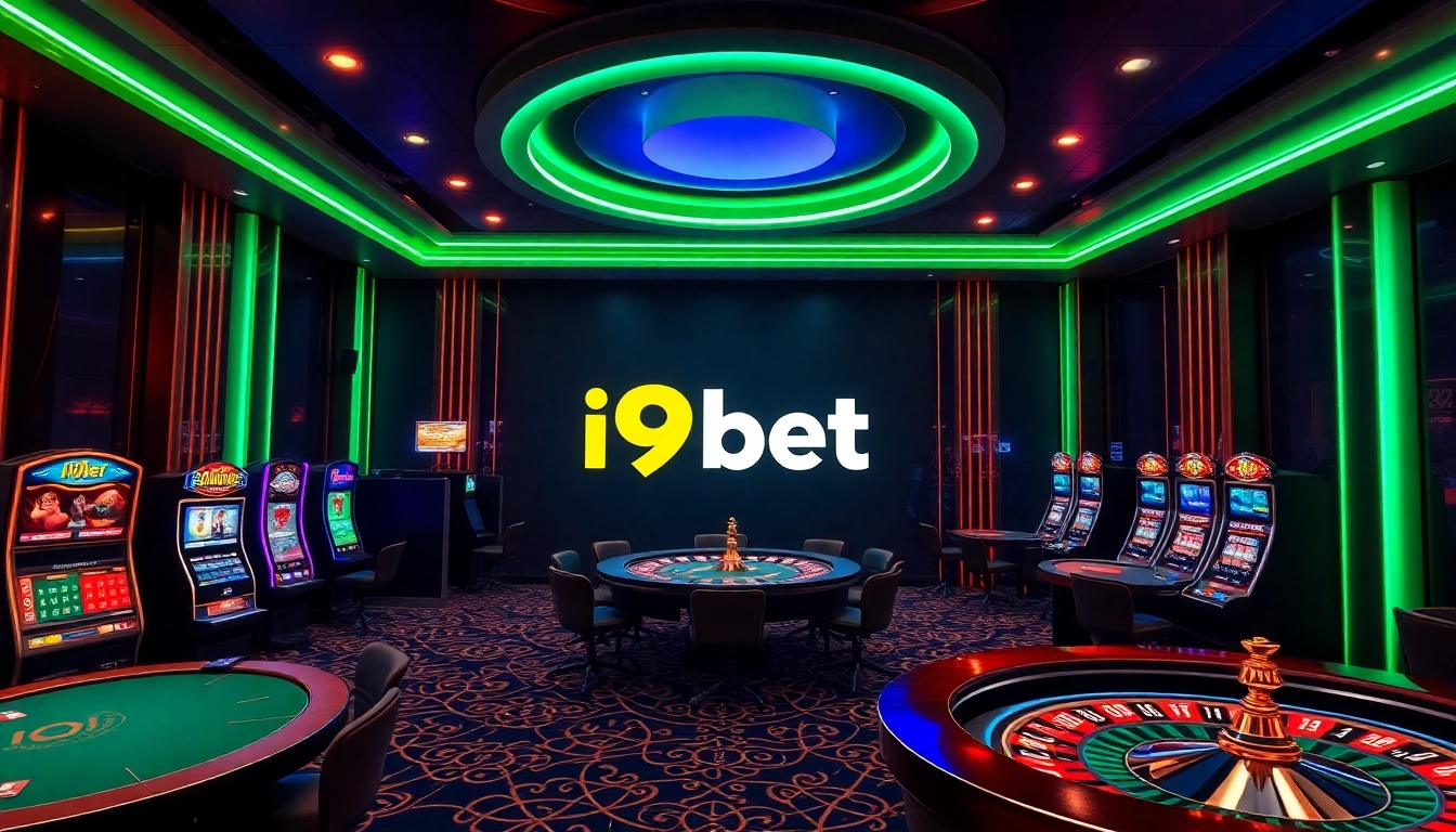 Exciting gaming atmosphere at i9bet, featuring roulette wheels, poker tables, and vibrant slot machines.