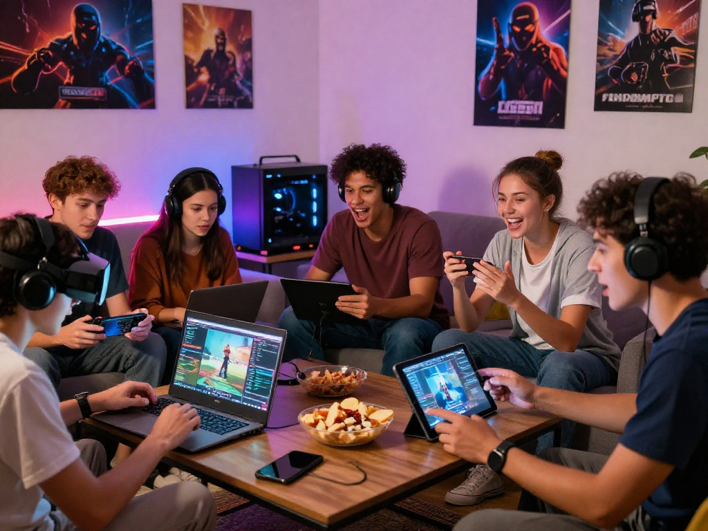 Engaging scene of friends playing adult games online on various devices, showcasing vibrant gaming atmosphere and excitement.