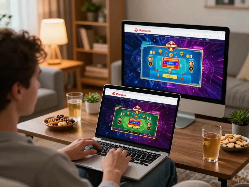 Engaging online gaming experience on manclub website with laptop and cozy home atmosphere.