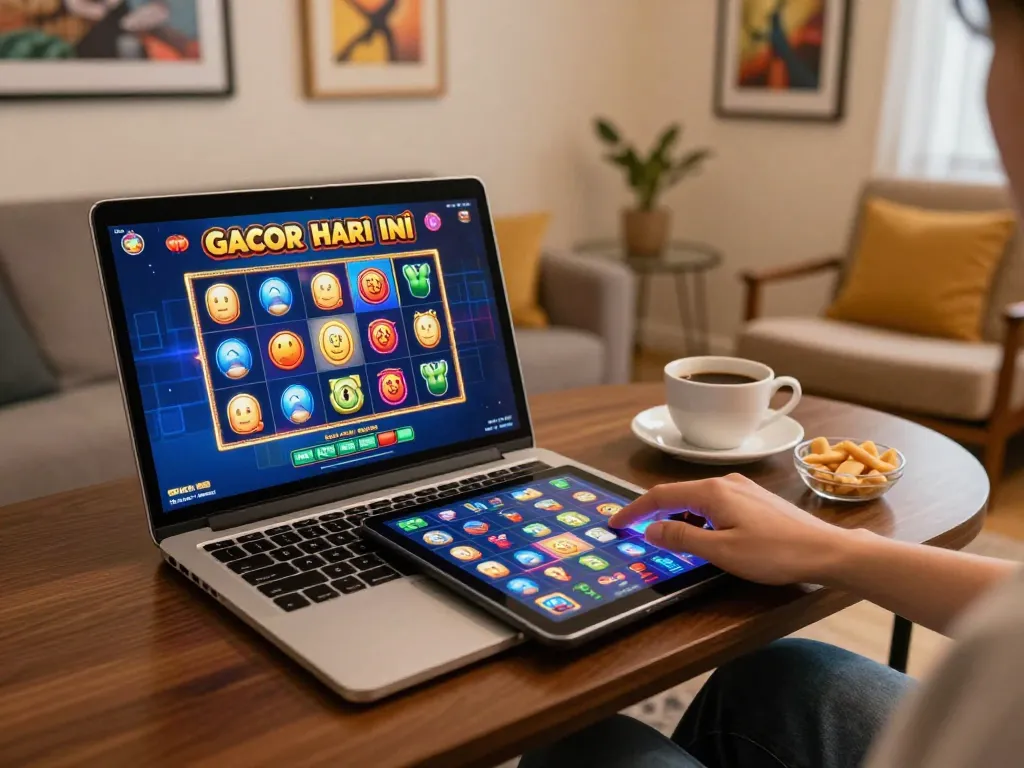 Engaging with slot gacor hari ini on a cozy home setup, laptop displaying vibrant game interface.