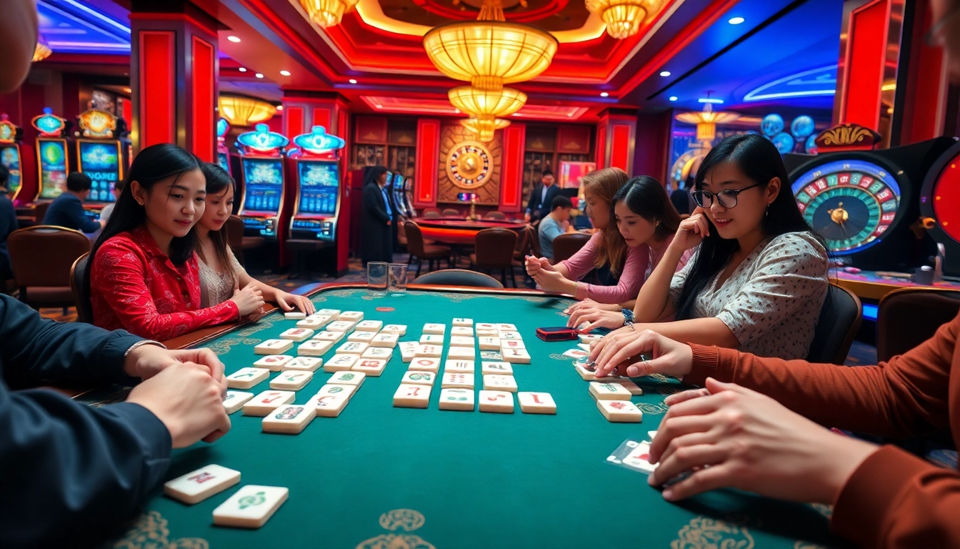 Players enjoying Mahjong Ways 2 at a vibrant casino table, embodying thrilling gambling excitement.