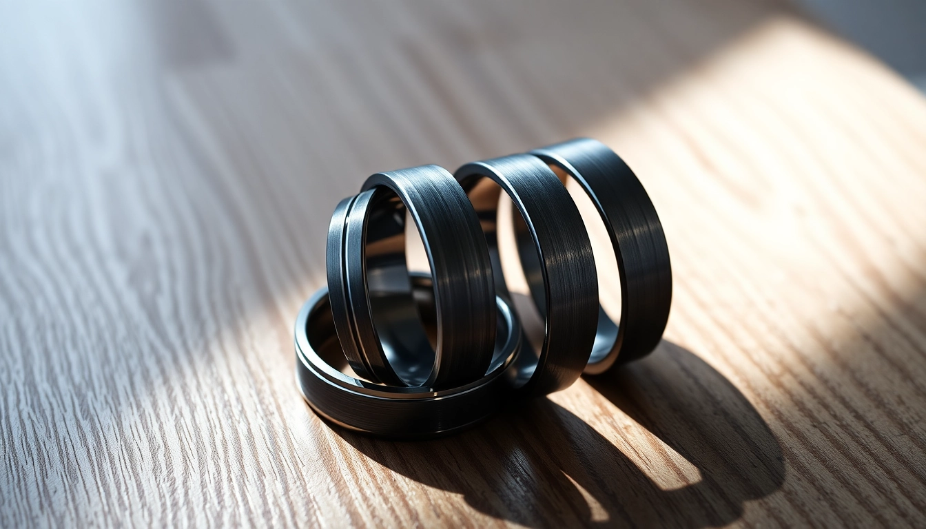 Showcase of Gunmetal Wedding Bands for Men revealing their unique polished finishes and modern designs.
