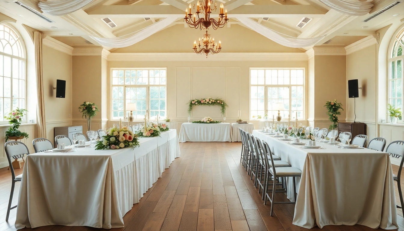 Stowe Venue Hire features a stunning event hall set for a celebration with elegant decor.