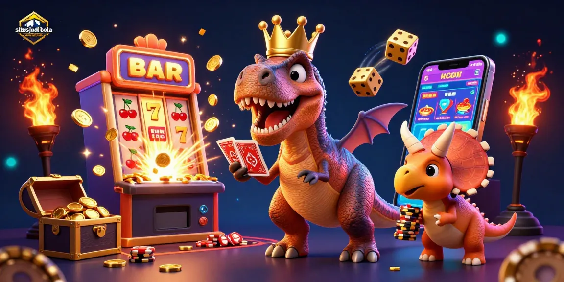Situs judi bola-themed vibrant 3D illustration featuring a T-Rex shuffling cards and characters immersed in casino excitement.