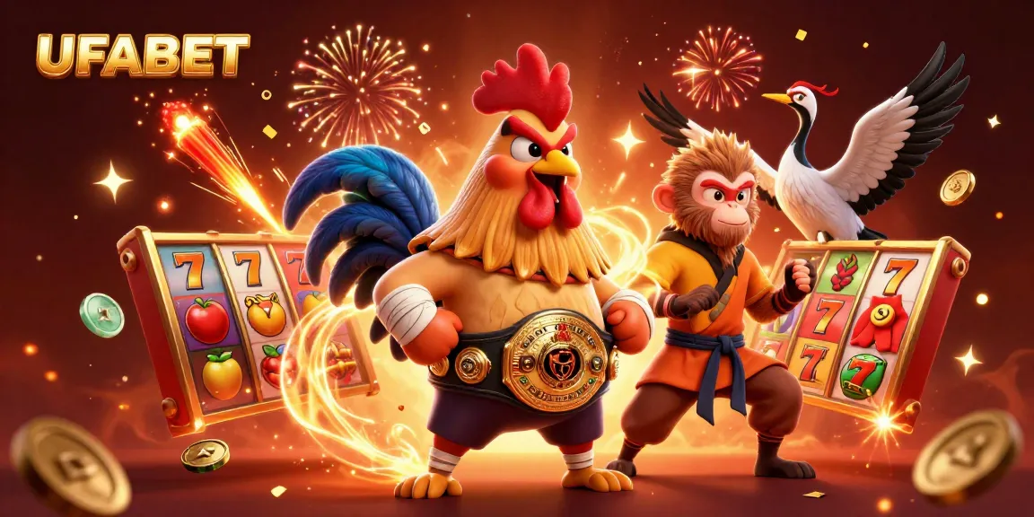Engage in dynamic gameplay at UFABET with a fierce rooster, Shaolin monkey, and wise crane illustrated in 3D.