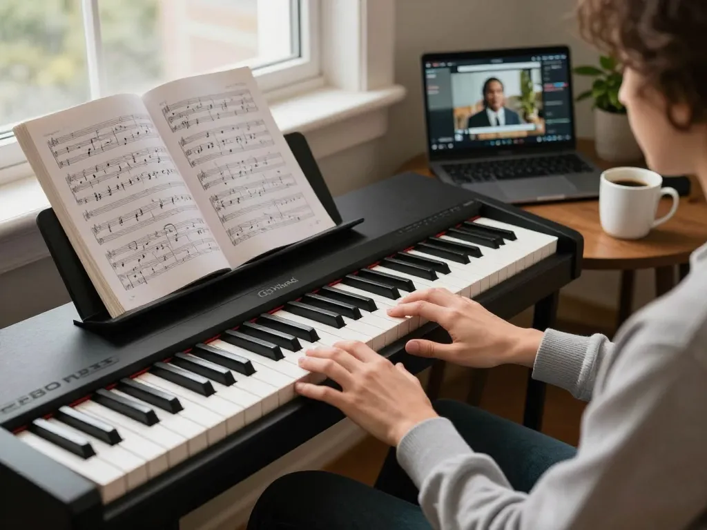 Engaging moment of a music lover playing the GO 88 piano in a cozy home setting.