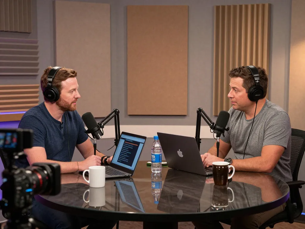 Hosts discussing Survivor Turning in a professional podcasting studio with modern equipment.