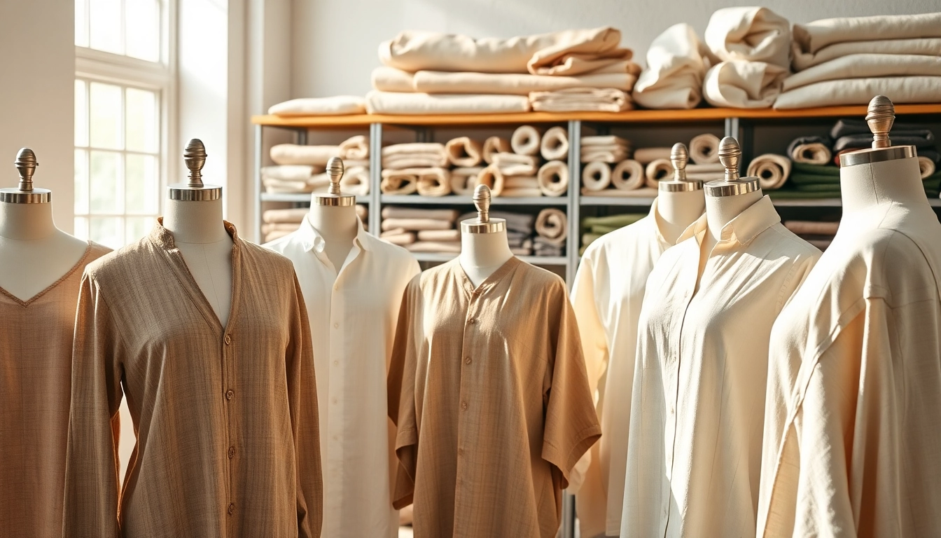 Linen clothing manufacturer displaying an array of elegant linen garments in a natural and inviting studio.