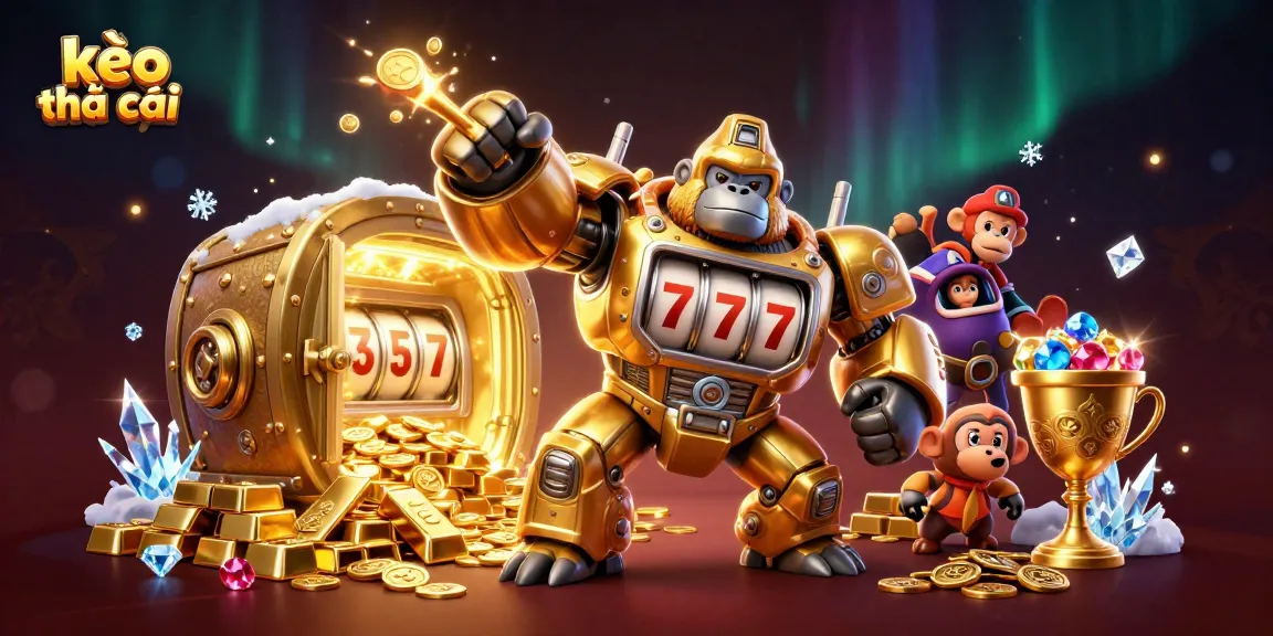 Experience kèo nhà cái in a dynamic scene featuring golden mech and treasure galore.