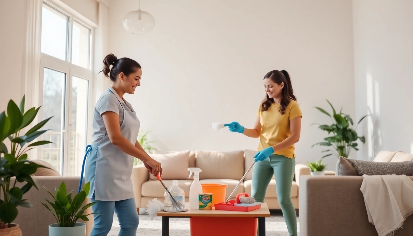 Featuring cleaning services calgary, a professional team tidying a beautifully organized living room.