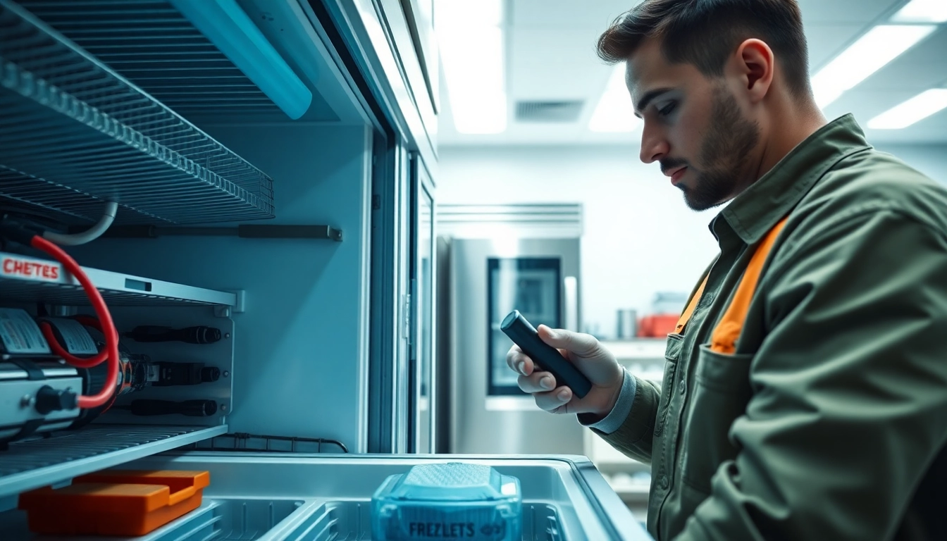 Technician engaged in Commercial Freezer Repair, showcasing tools and appliance details in a bright kitchen.