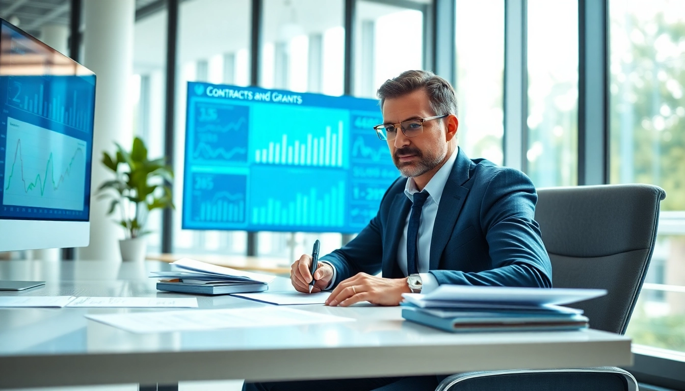 Consultant analyzing contracts and grants documents in a modern office environment.