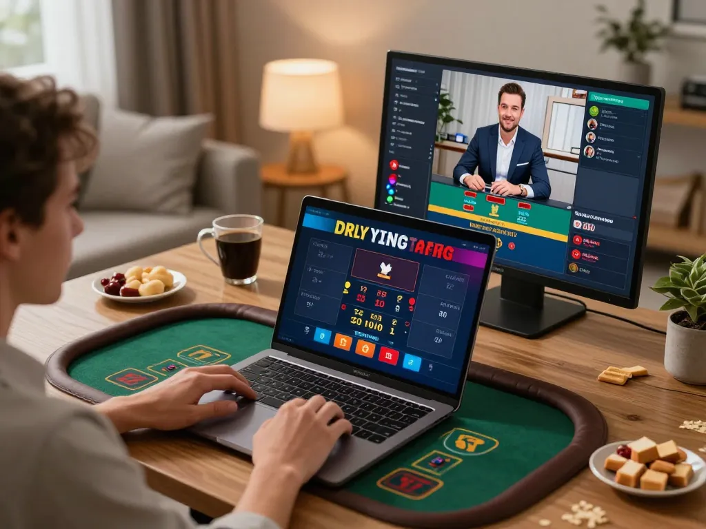 Player engaging in live dealer games at home, highlighting strategic bets on ATQ platform