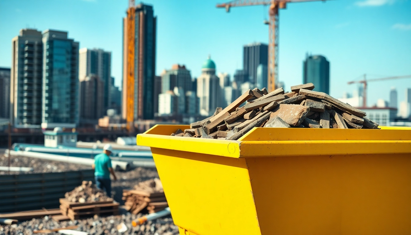 Showcasing skip hire at a busy construction site with energetic atmosphere and vibrant colors.