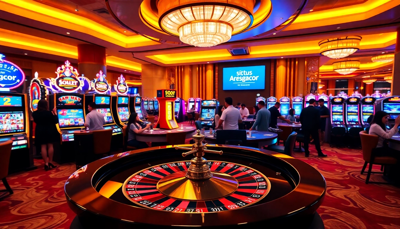 Engaging players at a vibrant situs aresgacor casino with roulette, slot machines, and poker action.