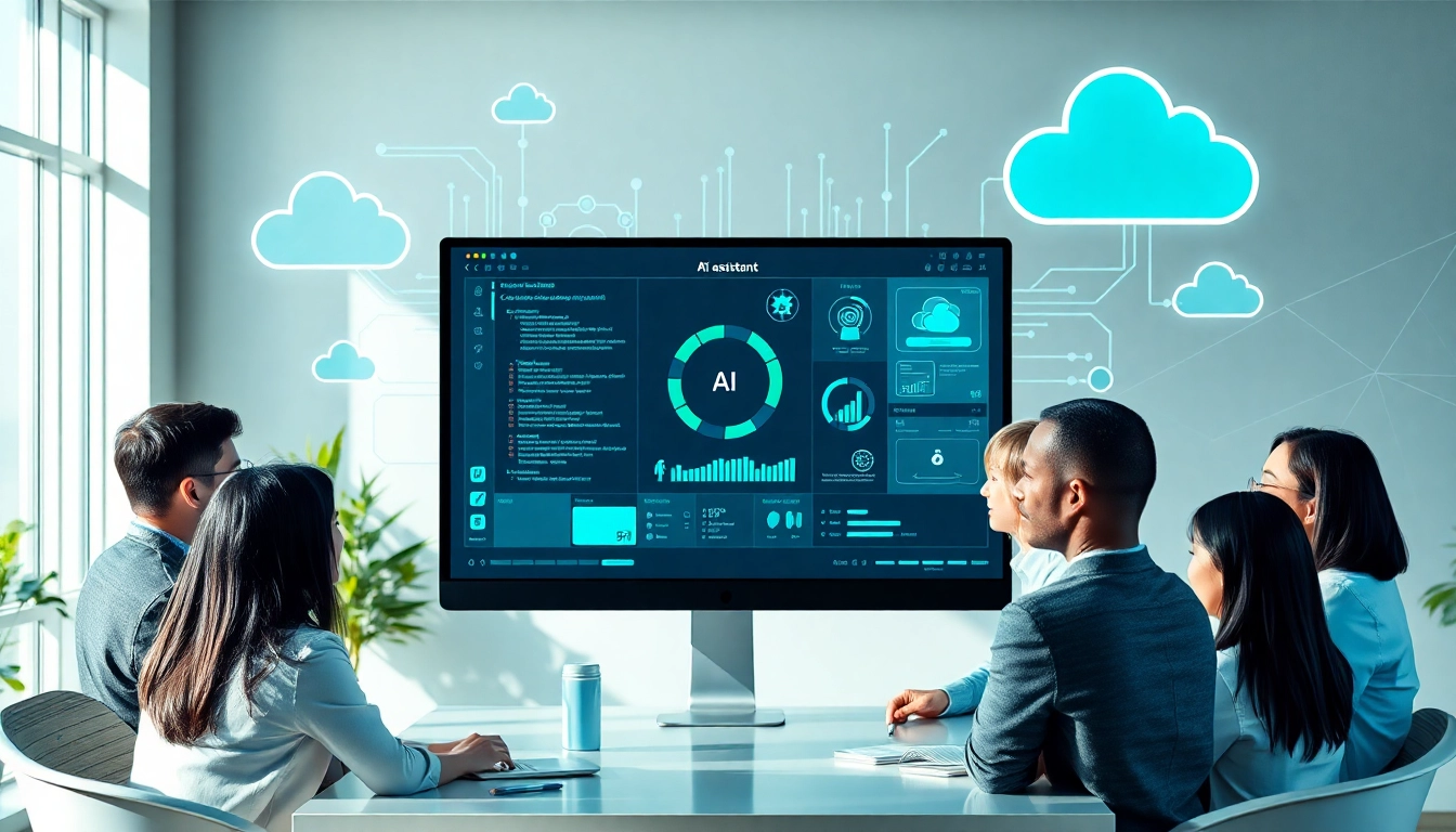Showcase a diverse team collaborating with an enterprise AI assistant in a modern office.