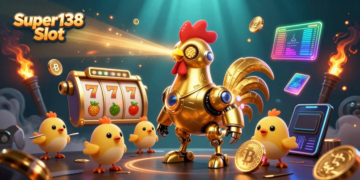 Experience thrilling gameplay with Super138 Slot as playful characters surround rich visuals of crypto coins and jackpot reels.