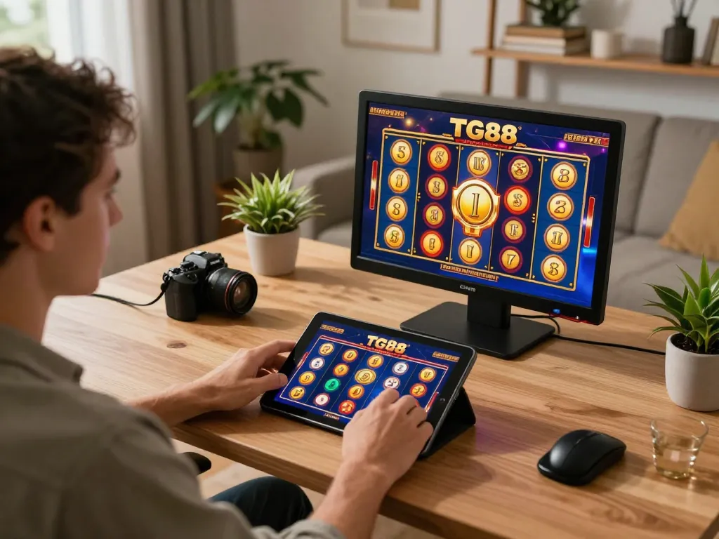Player enjoying TG88 online slot games on tablet at home, showcasing exciting gaming environment.