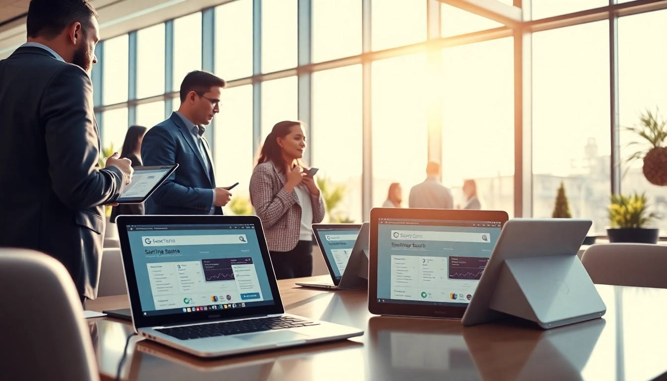 Engaging workspace featuring enterprise search tools on multiple devices enhancing productivity and collaboration.