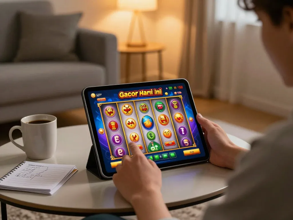Engaging with slot gacor hari ini on a tablet, accentuating a vibrant online gaming experience.