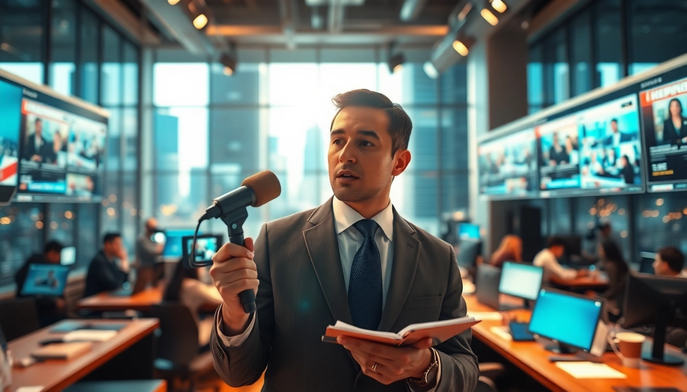 Journalist in action at https://www.thedailynewsonline.com newsroom, showcasing dynamic news reporting.