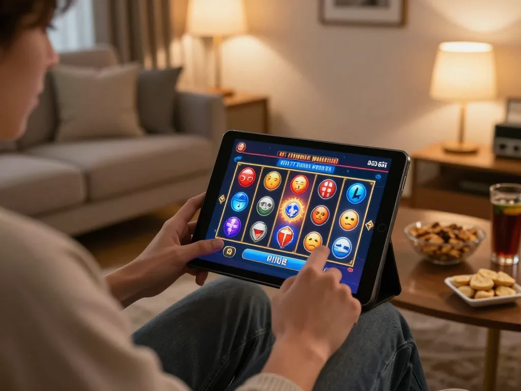 Engaging with slot mahjong game on tablet in a cozy home setting, enjoying online gaming experience.