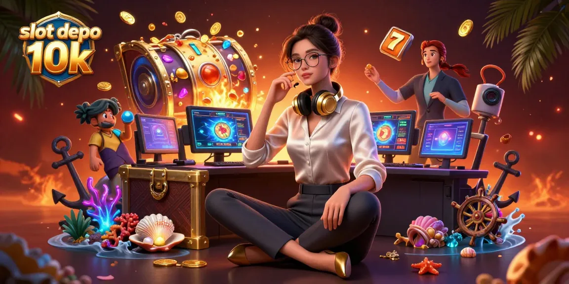 Engage with slot depo 10k by spinning reels in an immersive 3D casino setup surrounded by treasures.