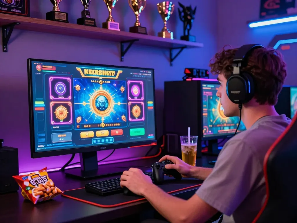 Pengaturan permainan slot online laoban188 yang menarik dengan grafik yang cerah dan pemain yang fokus di lingkungan bermain modern.