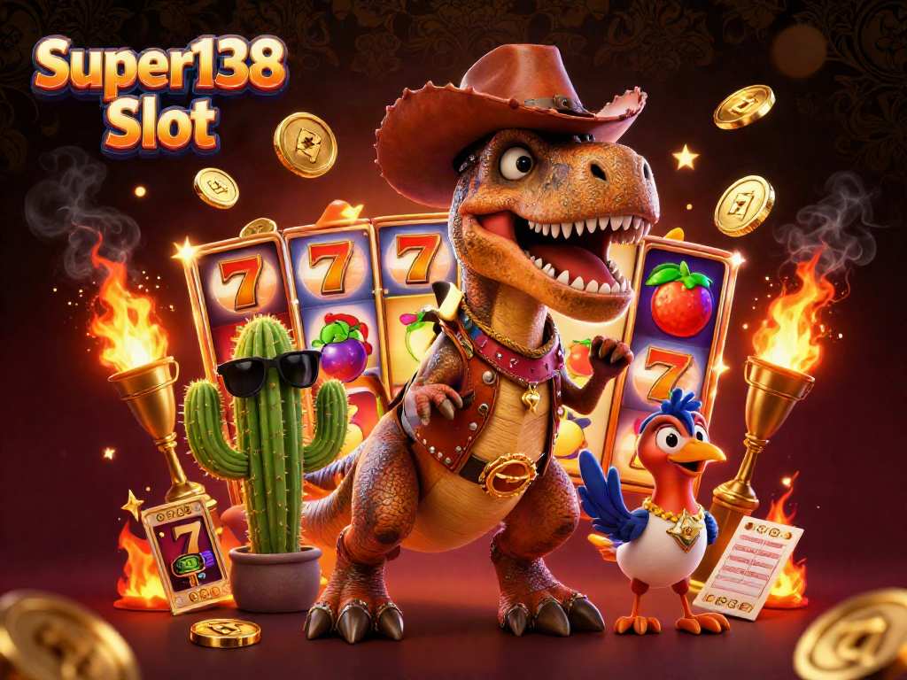 Experience thrilling Super138 Slot action with a cartoon dinosaur and vibrant casino elements!