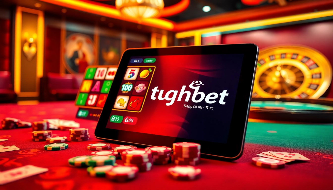Engaging scene of trang chủ thabet showcasing exciting online gambling with slot machines and poker.