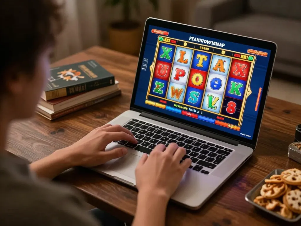Engaging in online gaming with slot deposit 2rb on laptop screen, creating an exciting home atmosphere