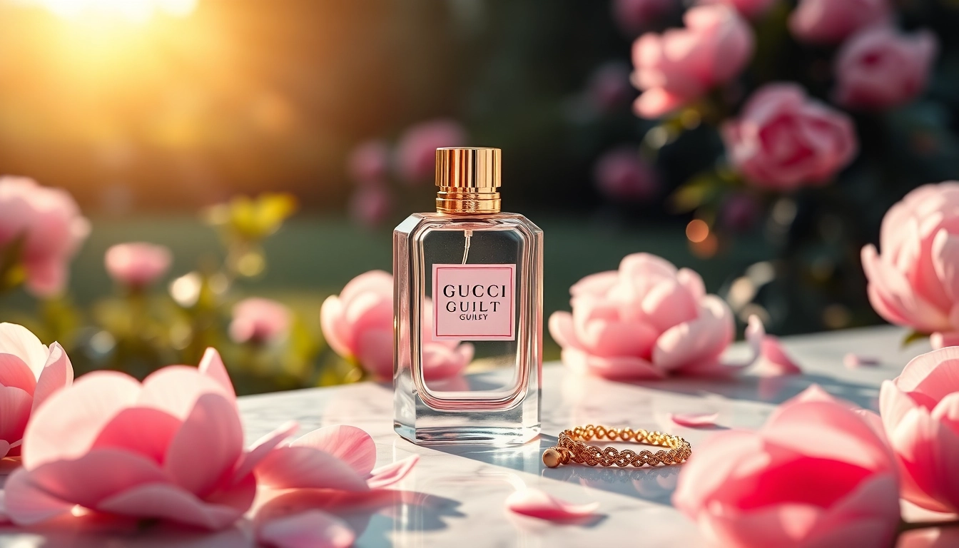 Showcase Gucci Guilty Eau de Parfum reflecting elegance and luxury amidst delicate flowers.