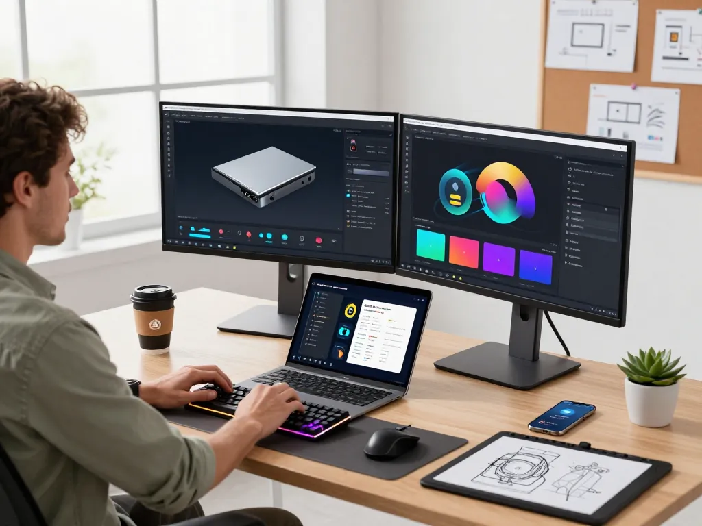 Developer utilizing 3D product configurator software in a modern workspace.
