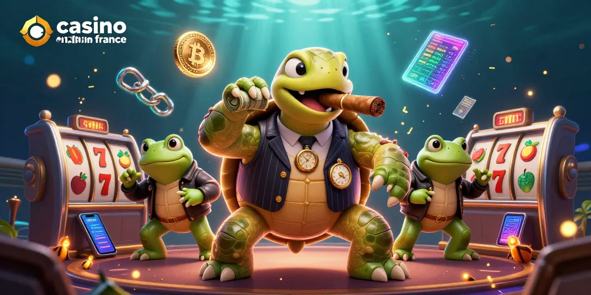 Gagnez avec les jeux au casino en ligne France, illustrant une tortue masquée et des grenouilles en action.