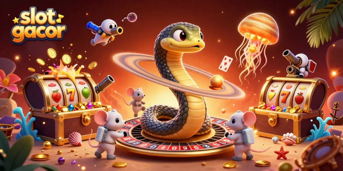 Menang slot gacor dalam ilustrasi 3D dengan karakter luar angkasa, simbol hoki, dan elemen fantastis.