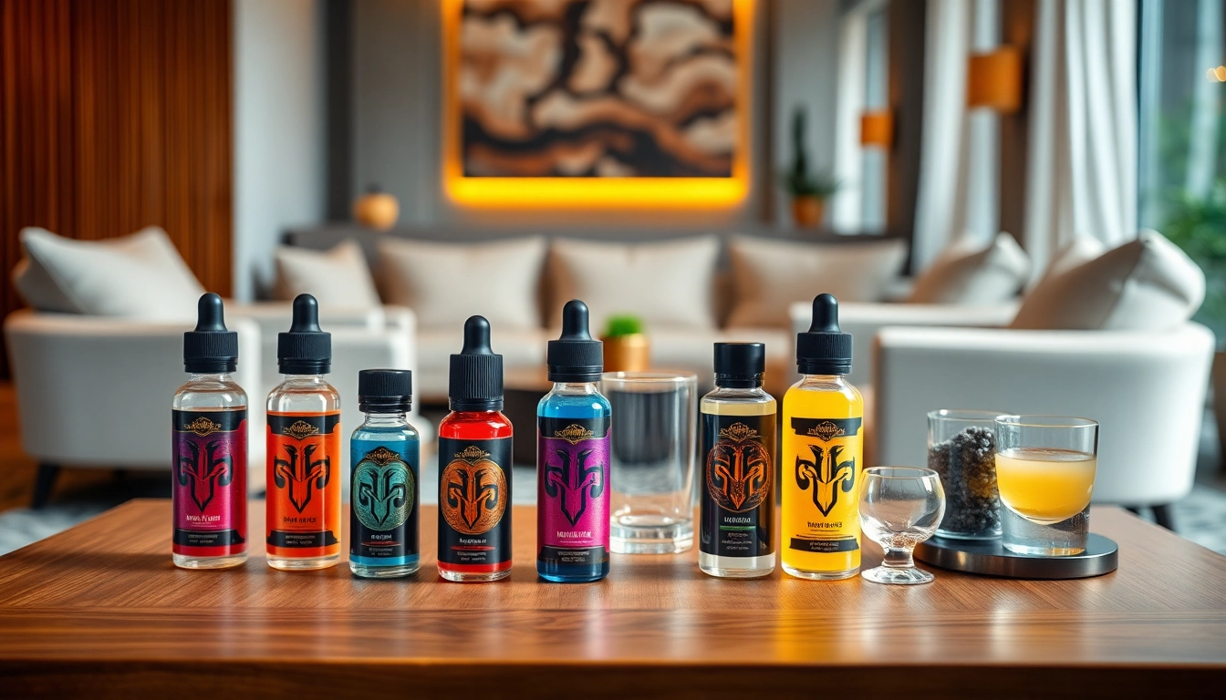 Showcasing a range of vape juices artfully arranged in a stylish lounge setting.