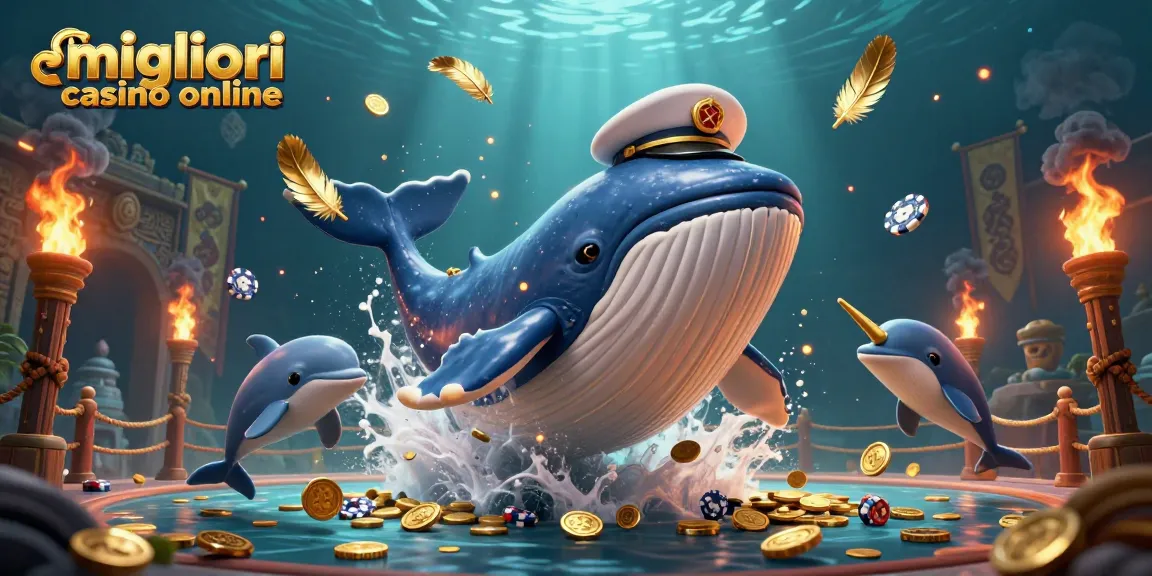 Giocare nei migliori casino online, un'illustrazione di una balena 3D che emerge da un mare di monete d'oro.