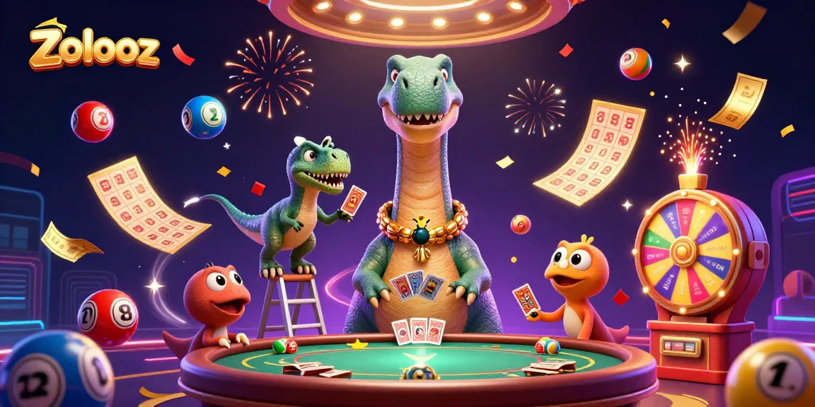 Zolooz delights players with a vibrant casino scene featuring dynamic lottery balls and a playful dino dealer.