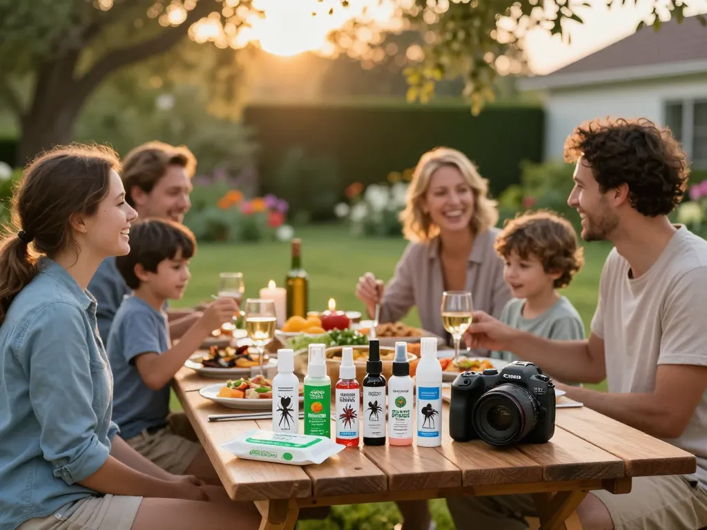 Best mosquito repellent options displayed at a lively outdoor barbecue with friends.
