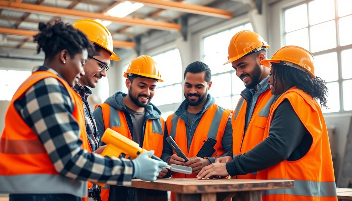 Engaged trainees in a construction apprenticeship program, practicing skills in a workshop.