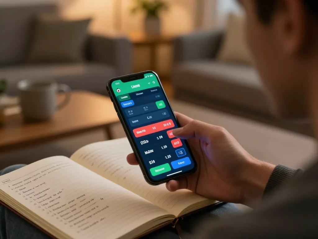 Engaged user exploring đăng ký dn88 within a mobile sports betting app, reflecting a strategic gambling session at home.