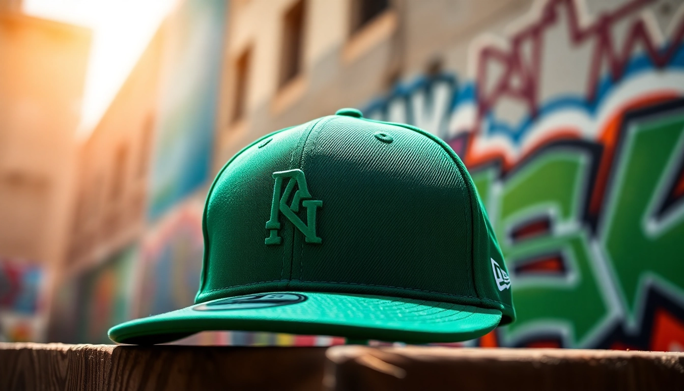 Destaca la gorra new era verde con logotipo en un entorno urbano portátil y vibrante.