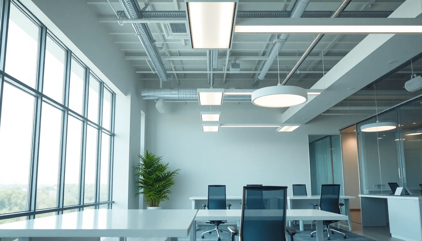 Showcase of modern lighting solutions in a bright office setting highlighting innovative design features.