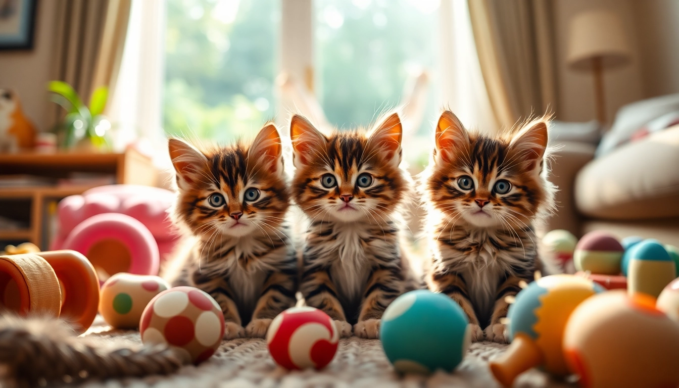 Maine Coon kittens for sale Northern California playing in a sunny living room full of toys.
